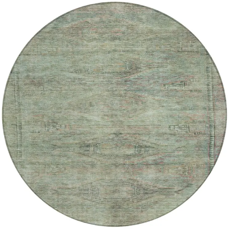 8' Teal Blue And Sage Round Aztec Washable Indoor Outdoor Area Rug