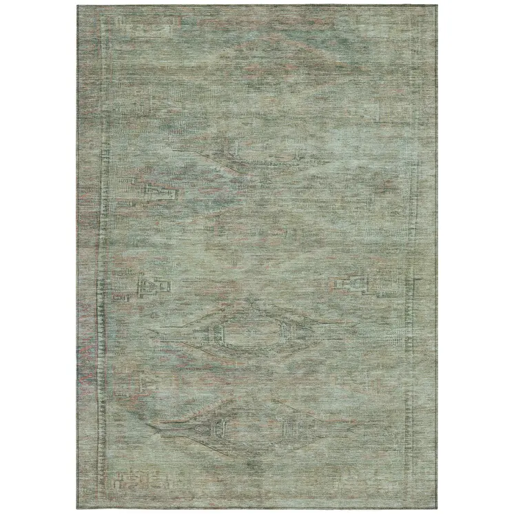 9' X 12' Teal Blue And Sage Aztec Washable Indoor Outdoor Area Rug