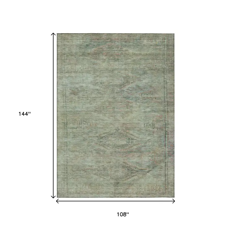 9' X 12' Teal Blue And Sage Aztec Washable Indoor Outdoor Area Rug