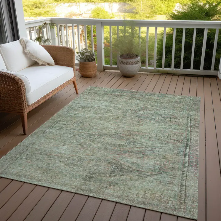 9' X 12' Teal Blue And Sage Aztec Washable Indoor Outdoor Area Rug