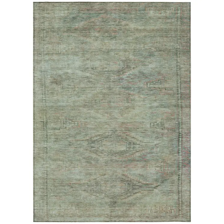9' X 12' Teal Blue And Sage Aztec Washable Indoor Outdoor Area Rug