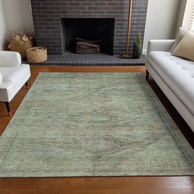 10' X 14' Teal Blue And Sage Aztec Washable Indoor Outdoor Area Rug