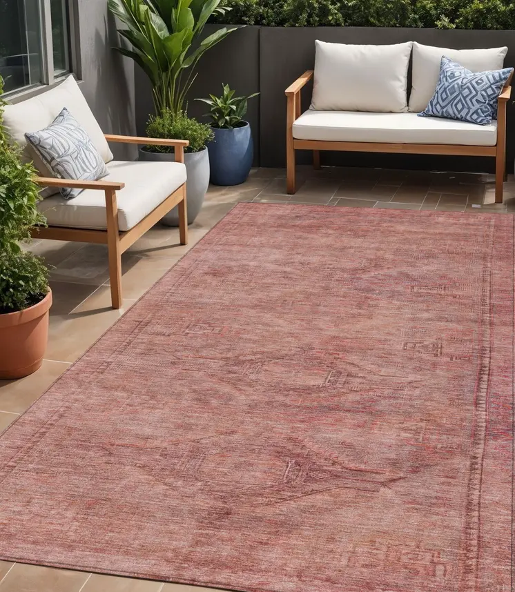 5' X 8' Terra Cotta And Salmon Aztec Washable Indoor Outdoor Area Rug