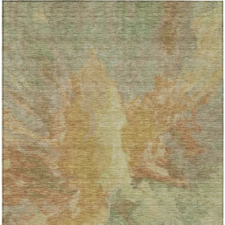 3' X 5' Artichoke Green And Gold Abstract Washable Indoor Outdoor Area Rug
