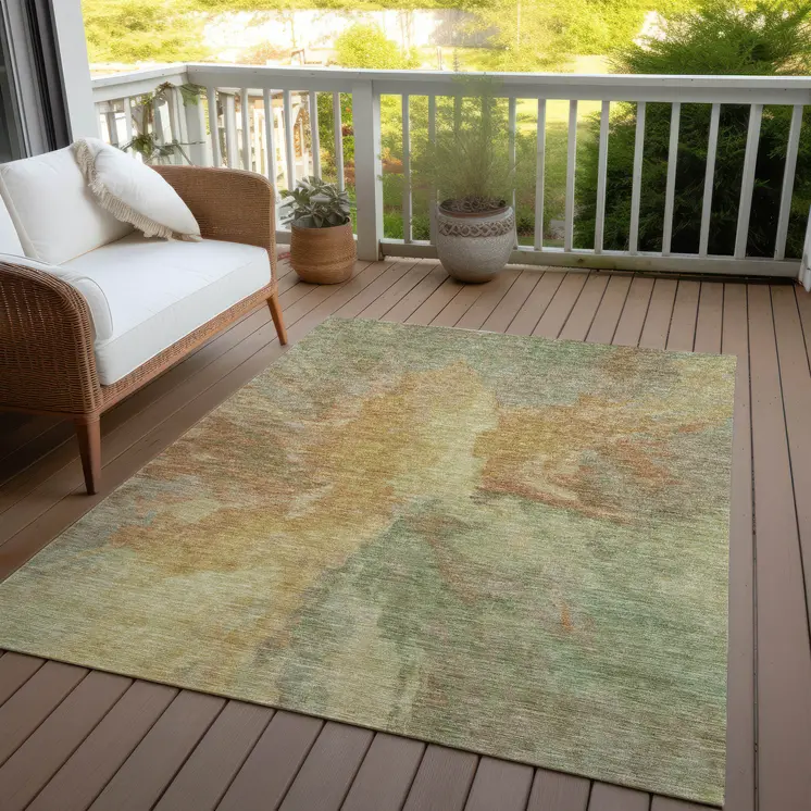 3' X 5' Artichoke Green And Gold Abstract Washable Indoor Outdoor Area Rug