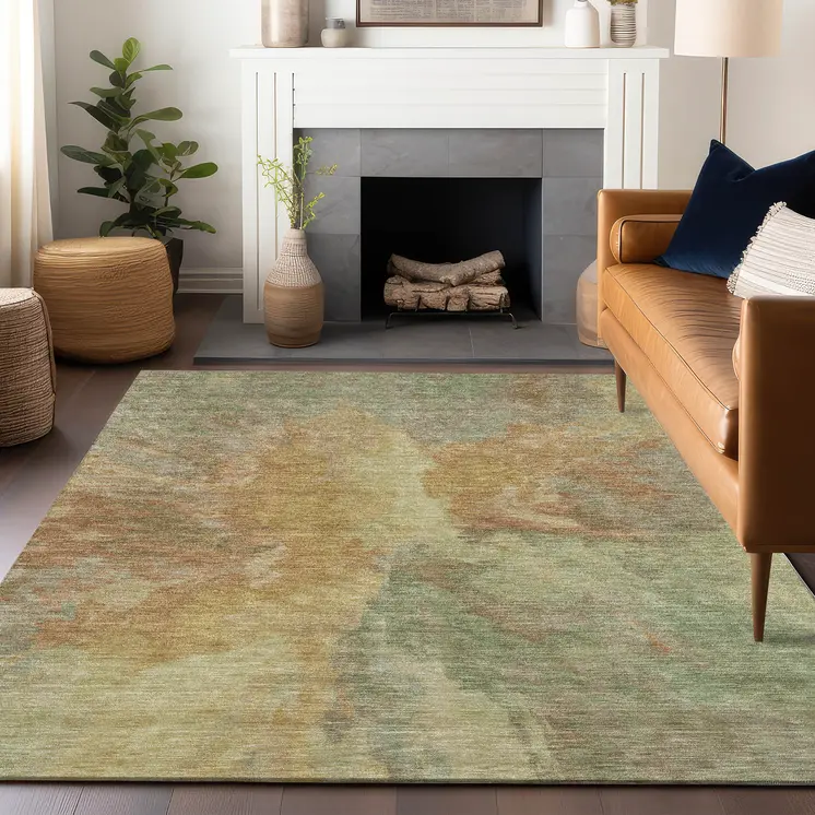 3' X 5' Artichoke Green And Gold Abstract Washable Indoor Outdoor Area Rug