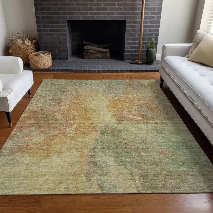 5' X 8' Artichoke Green And Gold Abstract Washable Indoor Outdoor Area Rug
