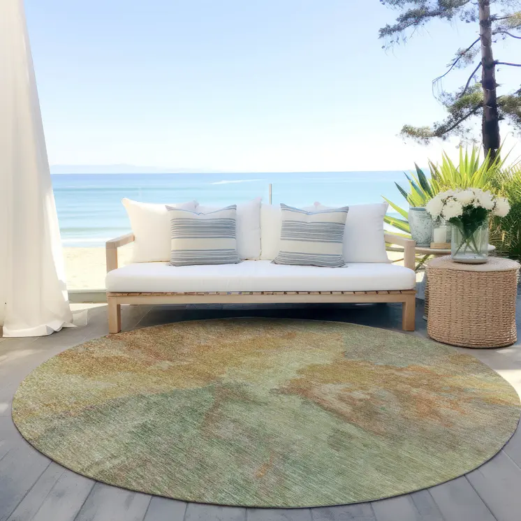 8' Artichoke Green And Gold Round Abstract Washable Indoor Outdoor Area Rug