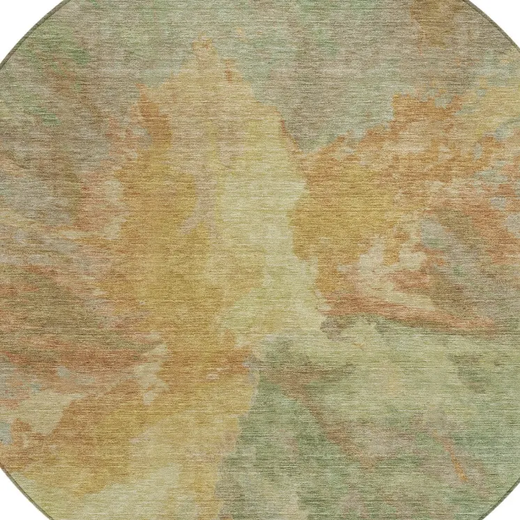 8' Artichoke Green And Gold Round Abstract Washable Indoor Outdoor Area Rug