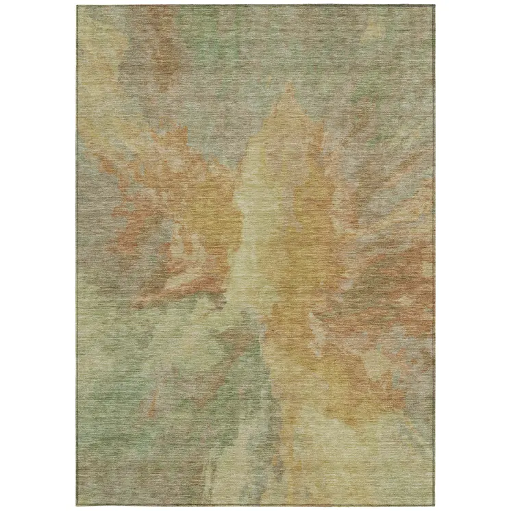 8' X 10' Artichoke Green And Gold Abstract Washable Indoor Outdoor Area Rug