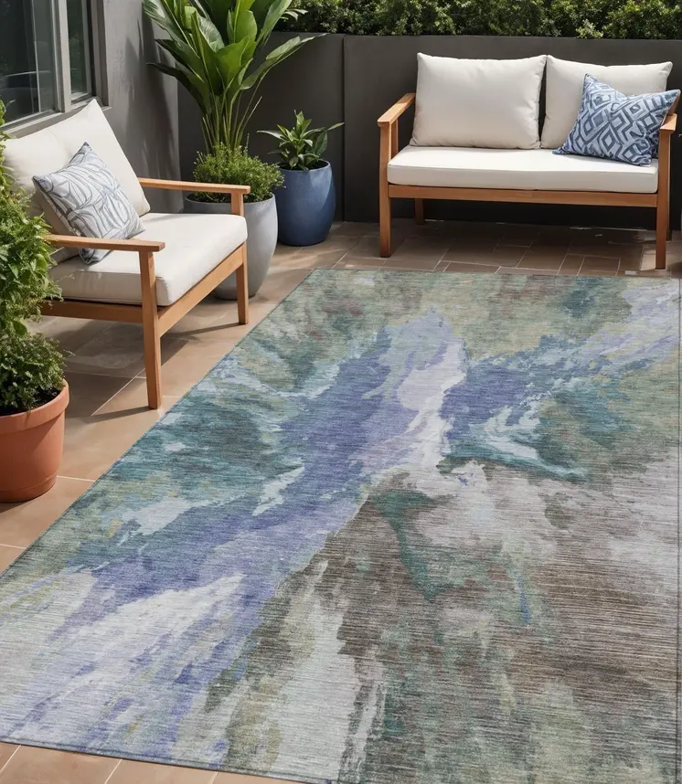 5' X 8' Blue And Gray Abstract Washable Indoor Outdoor Area Rug