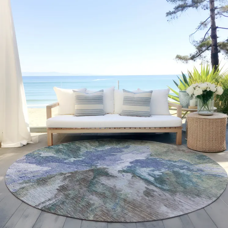 8' Blue And Gray Round Abstract Washable Indoor Outdoor Area Rug