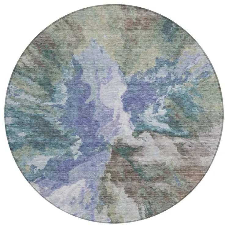 8' Blue And Gray Round Abstract Washable Indoor Outdoor Area Rug
