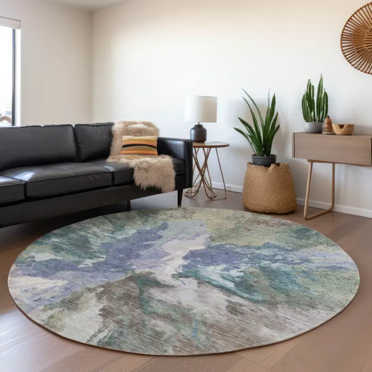8' Blue And Gray Round Abstract Washable Indoor Outdoor Area Rug
