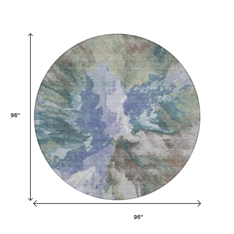 8' Blue And Gray Round Abstract Washable Indoor Outdoor Area Rug