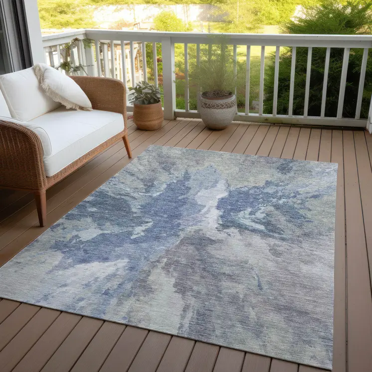 3' X 5' Denim Blue And Linen Abstract Washable Indoor Outdoor Area Rug