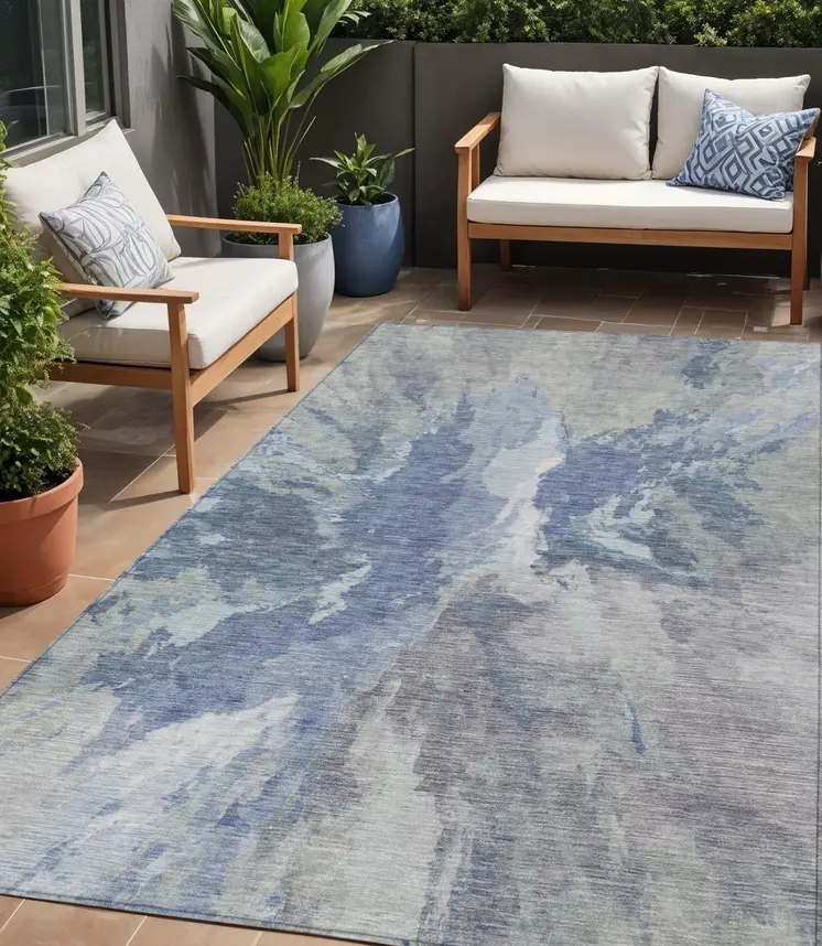 5' X 8' Denim Blue And Linen Abstract Washable Indoor Outdoor Area Rug