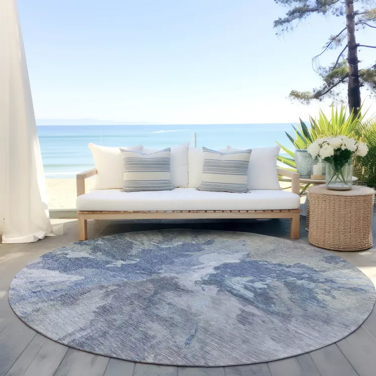 8' Denim Blue And Linen Round Abstract Washable Indoor Outdoor Area Rug