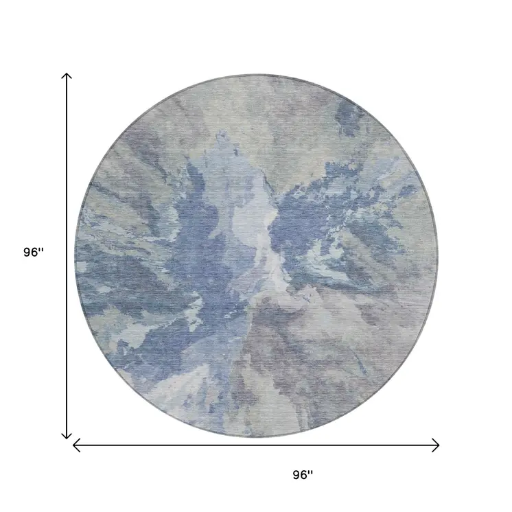8' Denim Blue And Linen Round Abstract Washable Indoor Outdoor Area Rug