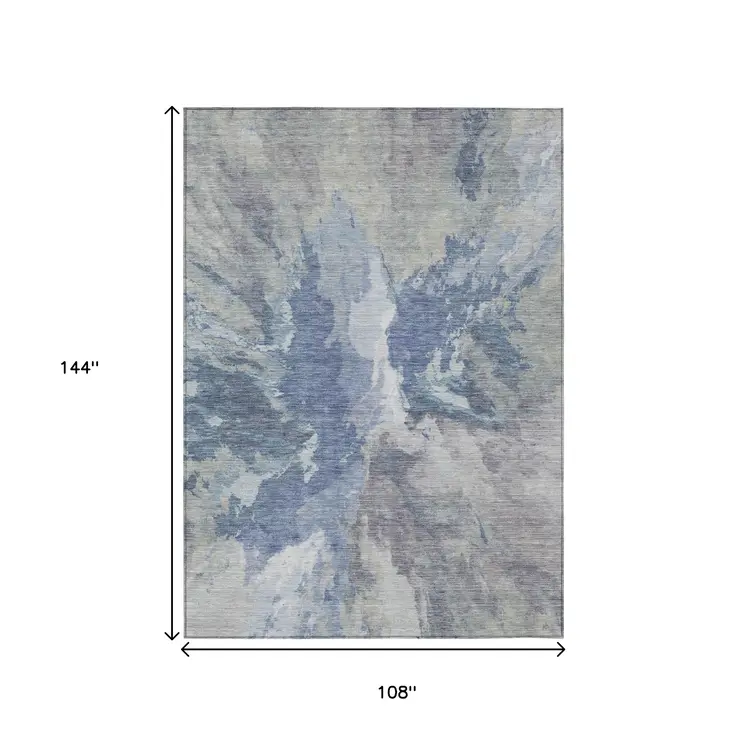 9' X 12' Denim Blue And Linen Abstract Washable Indoor Outdoor Area Rug