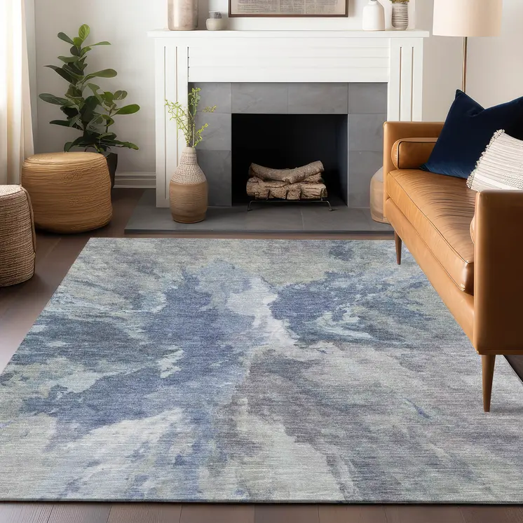9' X 12' Denim Blue And Linen Abstract Washable Indoor Outdoor Area Rug