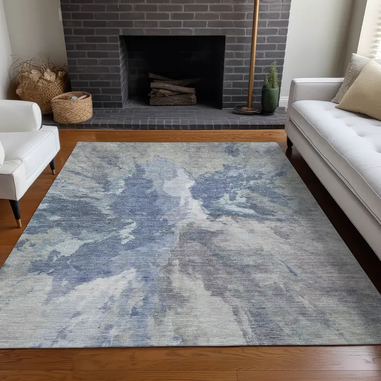 10' X 14' Denim Blue And Linen Abstract Washable Indoor Outdoor Area Rug