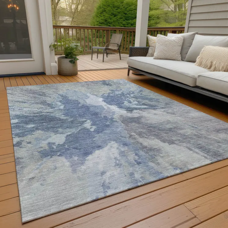 10' X 14' Denim Blue And Linen Abstract Washable Indoor Outdoor Area Rug