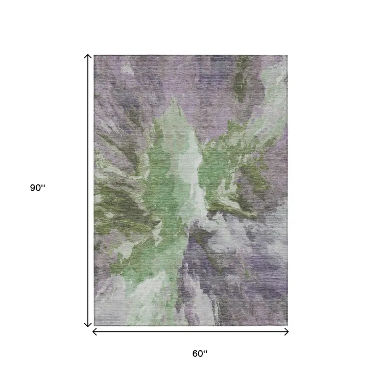 5' X 8' Green And Purple Abstract Washable Indoor Outdoor Area Rug