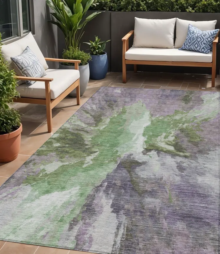 5' X 8' Green And Purple Abstract Washable Indoor Outdoor Area Rug