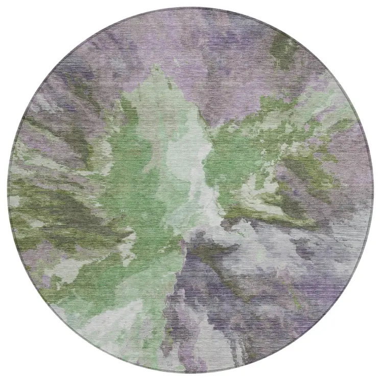 8' Green And Purple Round Abstract Washable Indoor Outdoor Area Rug