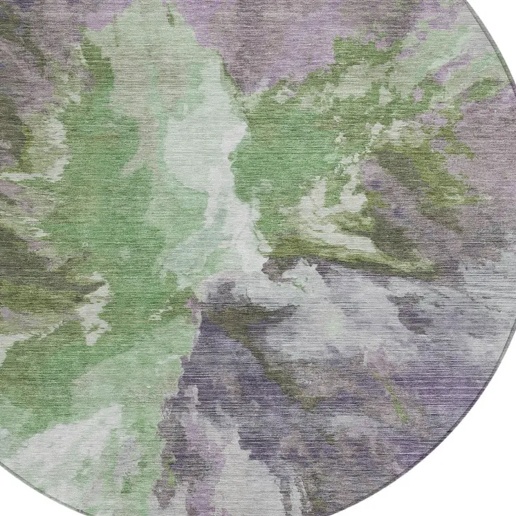 8' Green And Purple Round Abstract Washable Indoor Outdoor Area Rug