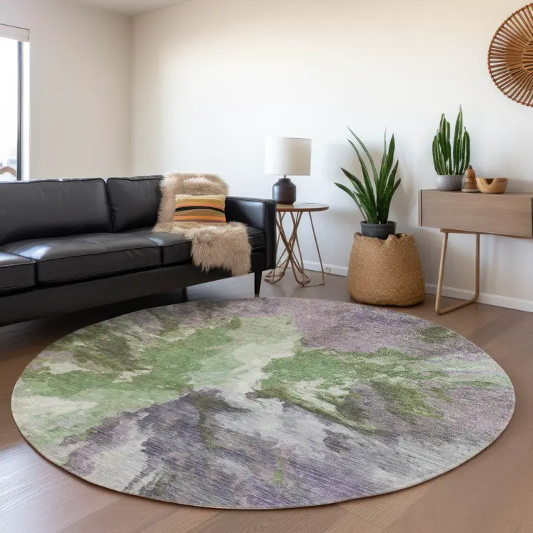 8' Green And Purple Round Abstract Washable Indoor Outdoor Area Rug
