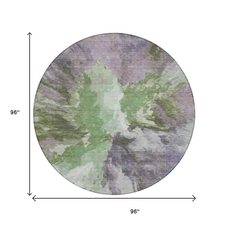 8' Green And Purple Round Abstract Washable Indoor Outdoor Area Rug