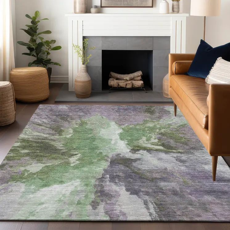 8' X 10' Green And Purple Abstract Washable Indoor Outdoor Area Rug