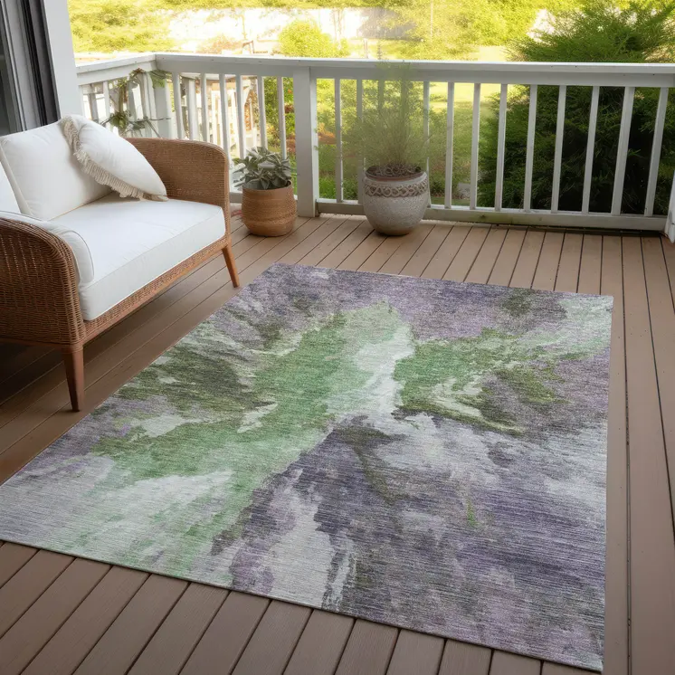 10' X 14' Green And Purple Abstract Washable Indoor Outdoor Area Rug