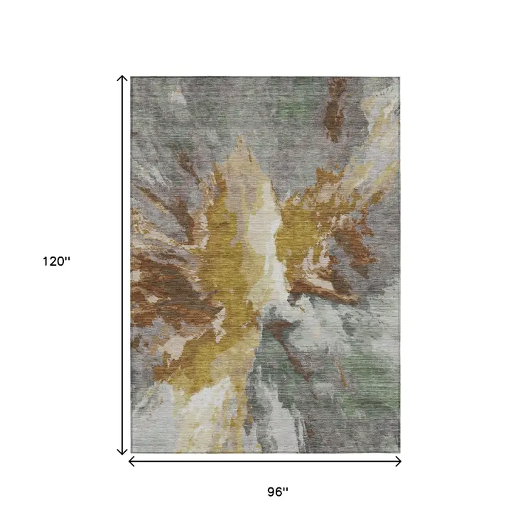 8' X 10' Gold And Gray Abstract Washable Indoor Outdoor Area Rug