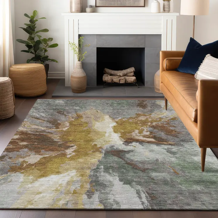 8' X 10' Gold And Gray Abstract Washable Indoor Outdoor Area Rug