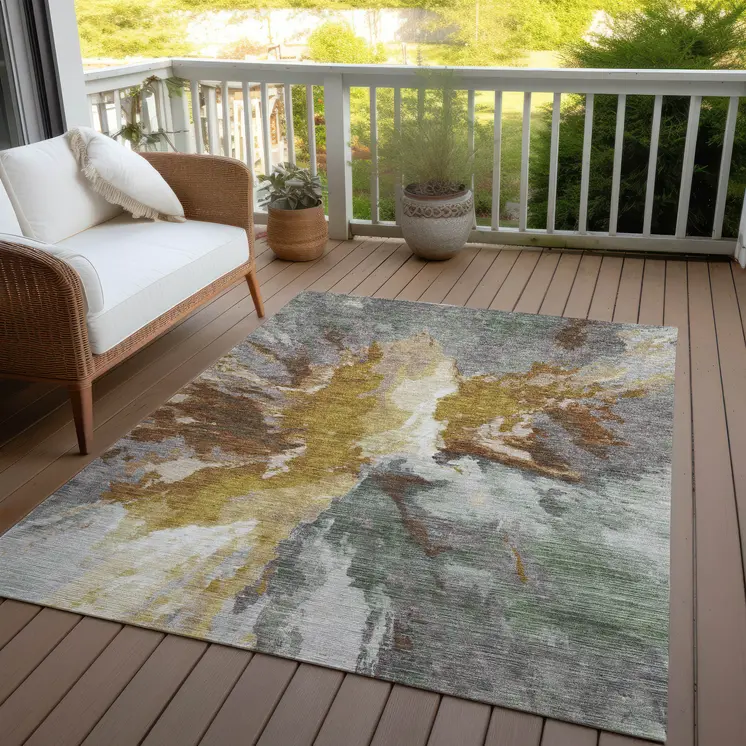 10' X 14' Gold And Gray Abstract Washable Indoor Outdoor Area Rug