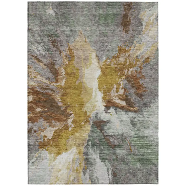 10' X 14' Gold And Gray Abstract Washable Indoor Outdoor Area Rug
