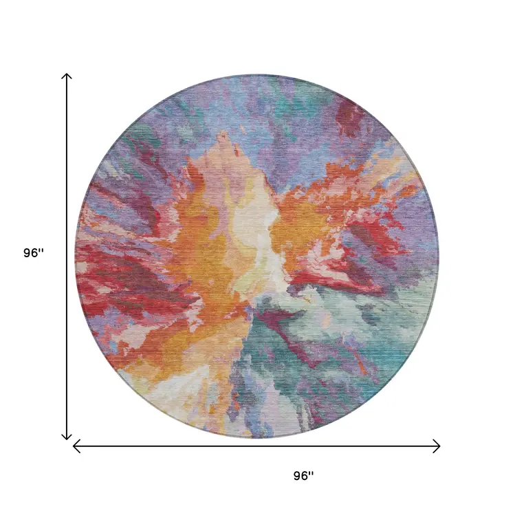 8' Orange Red And Teal Blue Round Abstract Washable Indoor Outdoor Area Rug