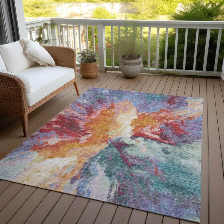 10' X 14' Orange Red And Teal Blue Abstract Washable Indoor Outdoor Area Rug