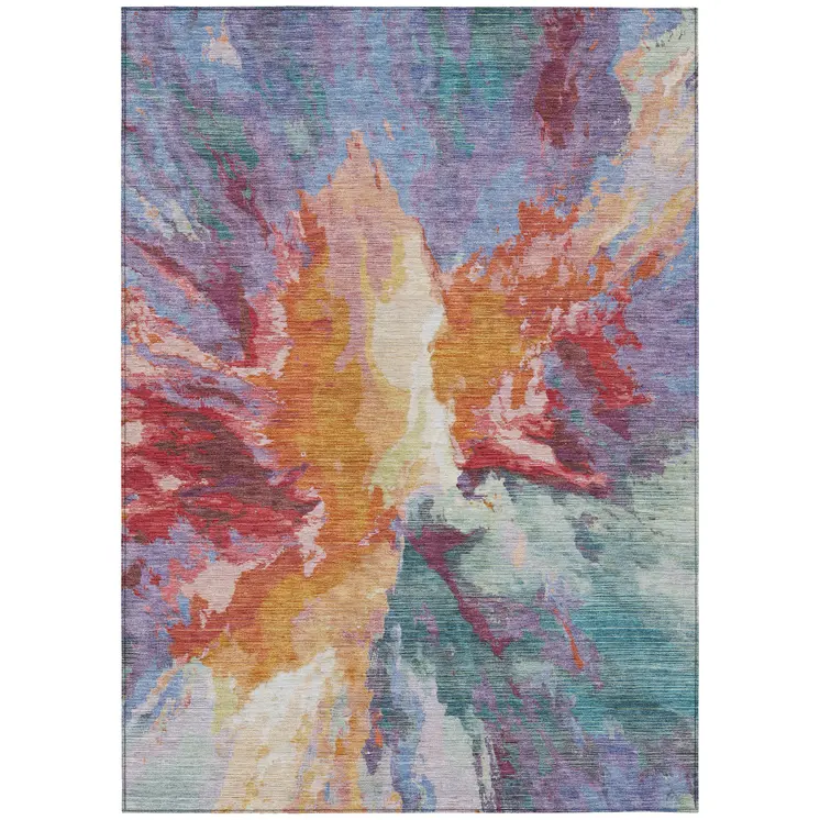 10' X 14' Orange Red And Teal Blue Abstract Washable Indoor Outdoor Area Rug