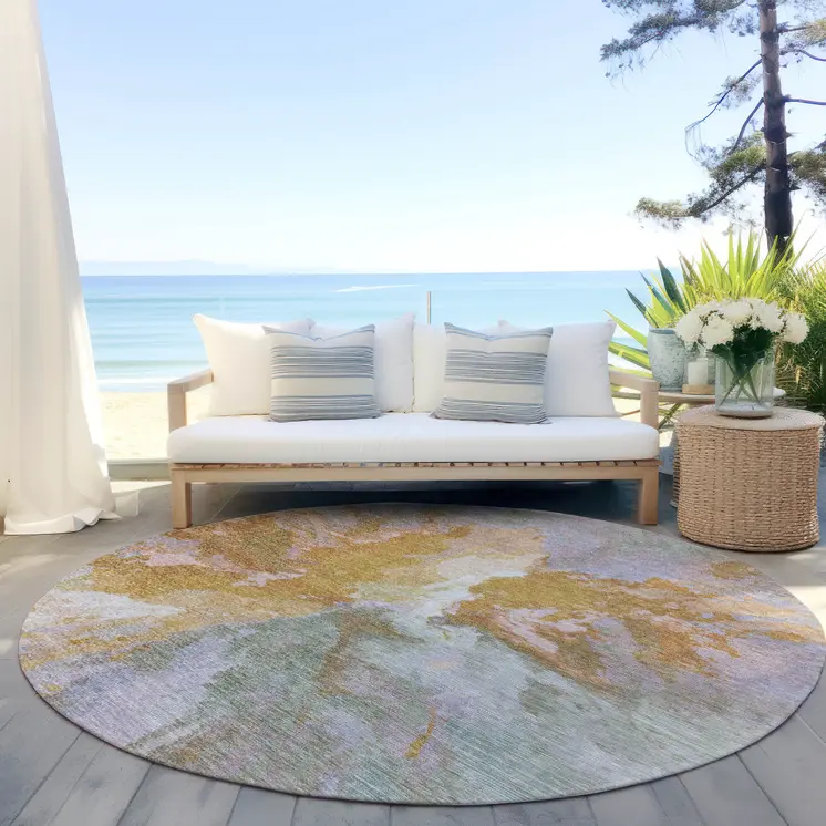 8' Rust And Lavender Round Abstract Washable Indoor Outdoor Area Rug