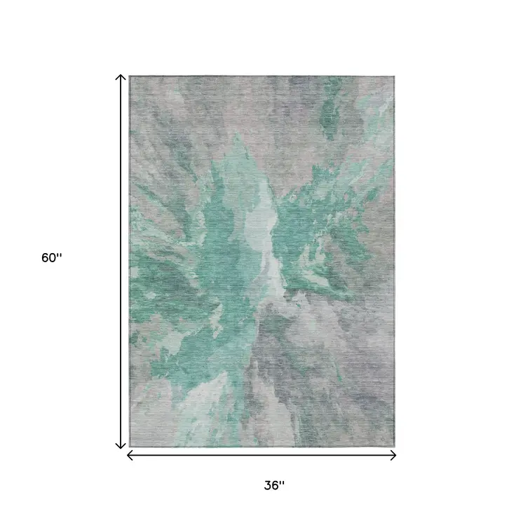 3' X 5' Teal Blue And Lavender Abstract Washable Indoor Outdoor Area Rug