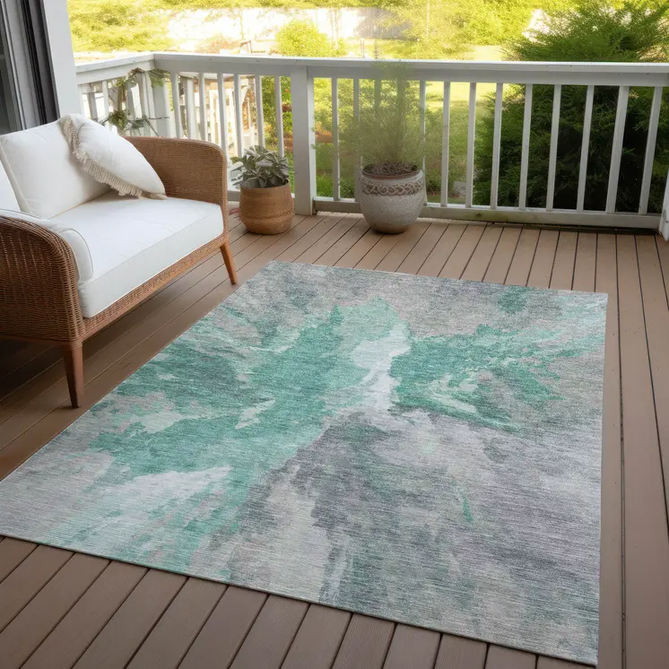 3' X 5' Teal Blue And Lavender Abstract Washable Indoor Outdoor Area Rug