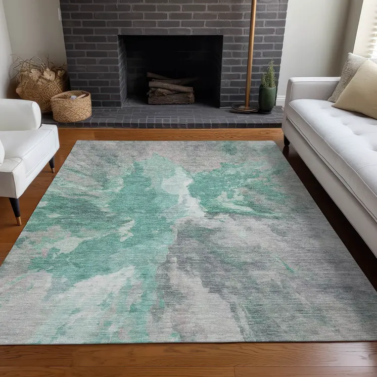 3' X 5' Teal Blue And Lavender Abstract Washable Indoor Outdoor Area Rug