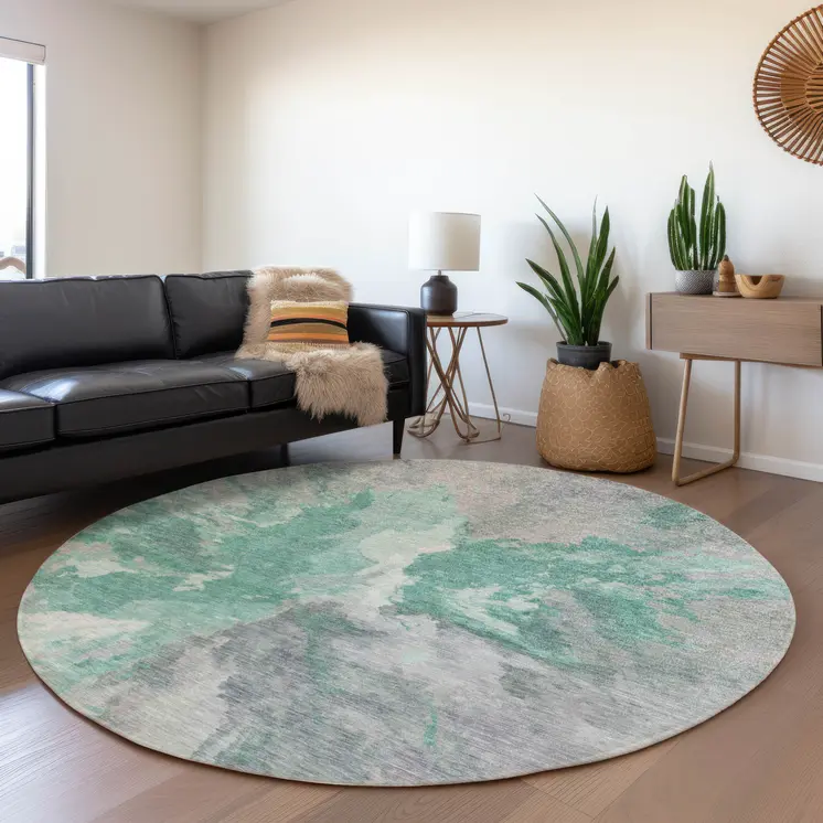 8' Teal Blue And Lavender Round Abstract Washable Indoor Outdoor Area Rug