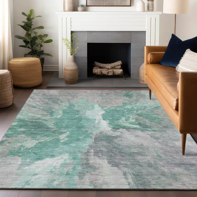 10' X 14' Teal Blue And Lavender Abstract Washable Indoor Outdoor Area Rug