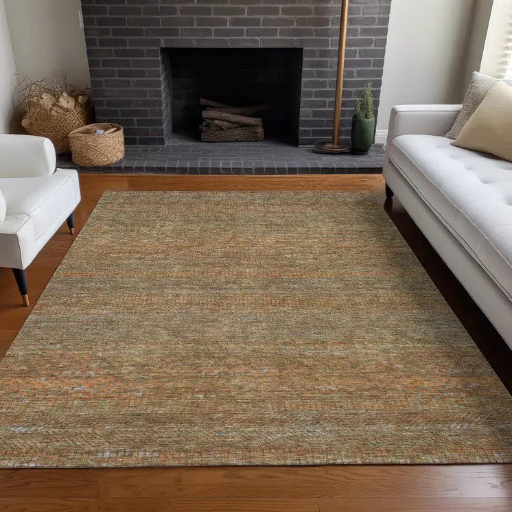 9' X 12' Taupe And Brown Striped Washable Indoor Outdoor Area Rug