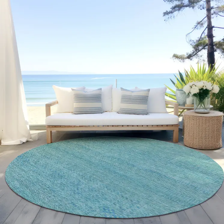 8' Aqua And Teal Blue Round Striped Washable Indoor Outdoor Area Rug